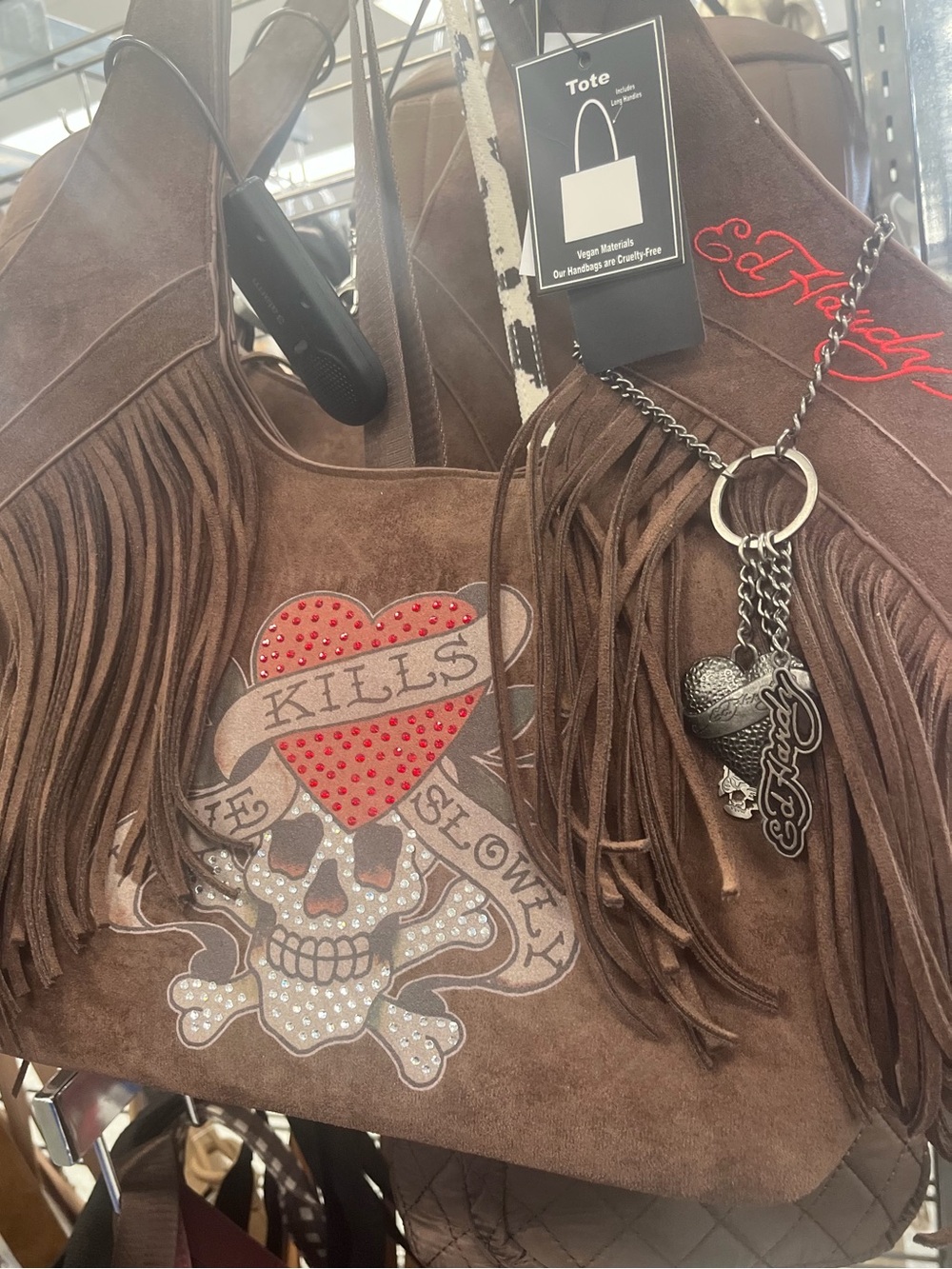 Ed Hardy Brown Suede Fringe Skull Shoulder Bag with Red Accents
